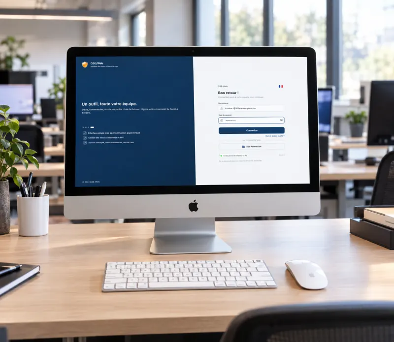 Poste de travail affichant la page de connexion de GSE-Web, avec connexion par mot de passe ou par SSO d'entreprise