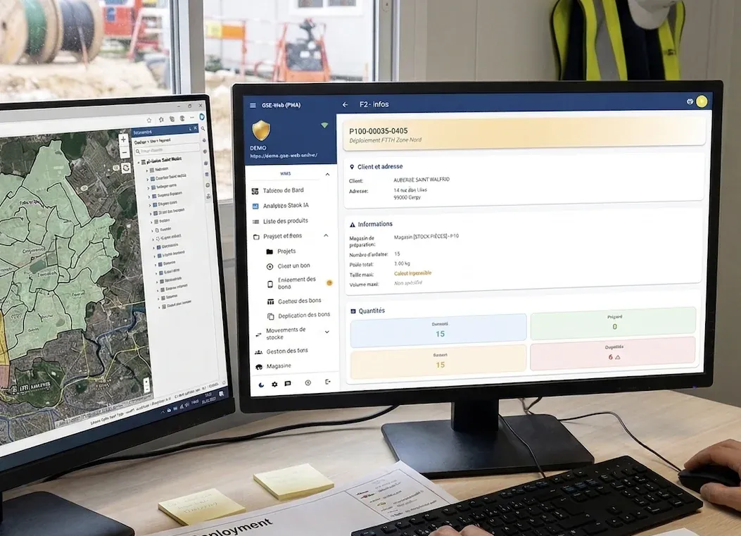 Formulaire bon de mouvement GSE-Web avec projet, sous-traitant, adresse chantier, liste de matériel