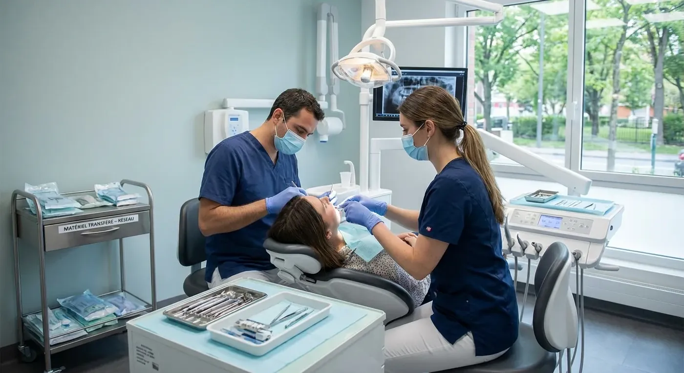 Praticien dentaire réalisant un soin, matériel disponible, ambiance sereine