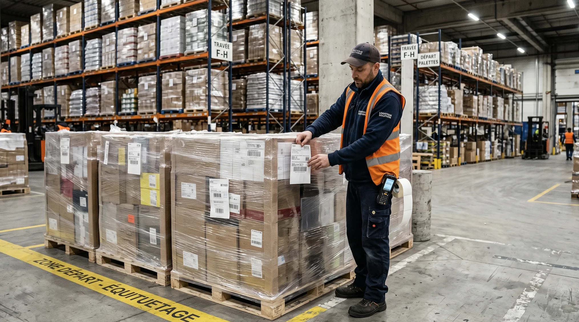 Préparateur de commande collant une étiquette pour envoi multi-palettes