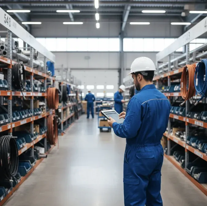 Technicien consultant GSE-Web sur tablette — entrepôt de pièces hydrauliques en arrière-plan